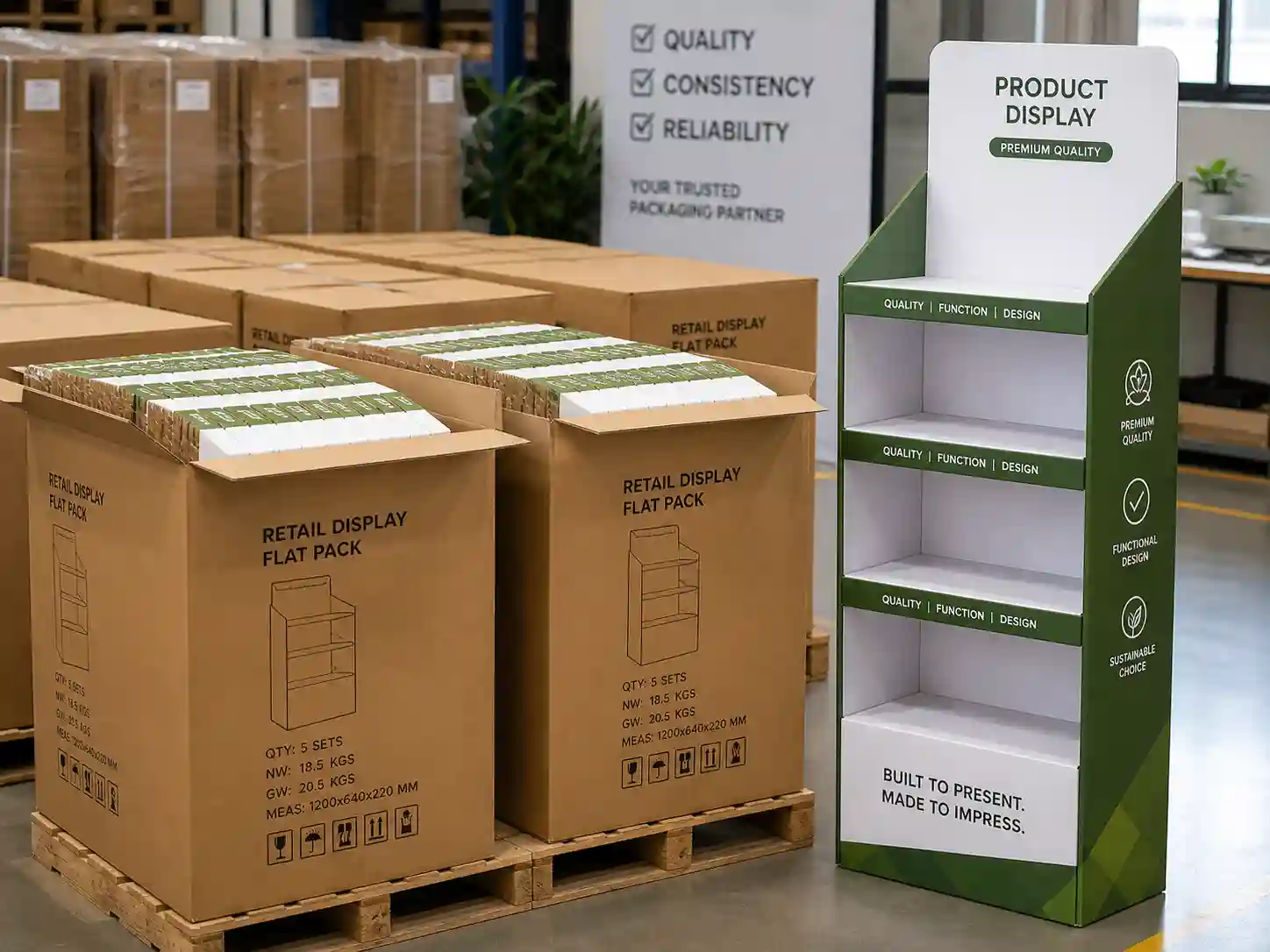 Finished cardboard display packed for export buyer review