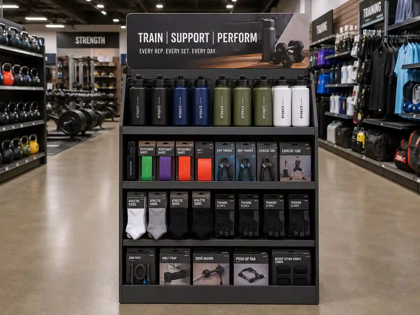 Cardboard display for sporting goods in a retail sports aisle with fitness accessories and sports bottles
