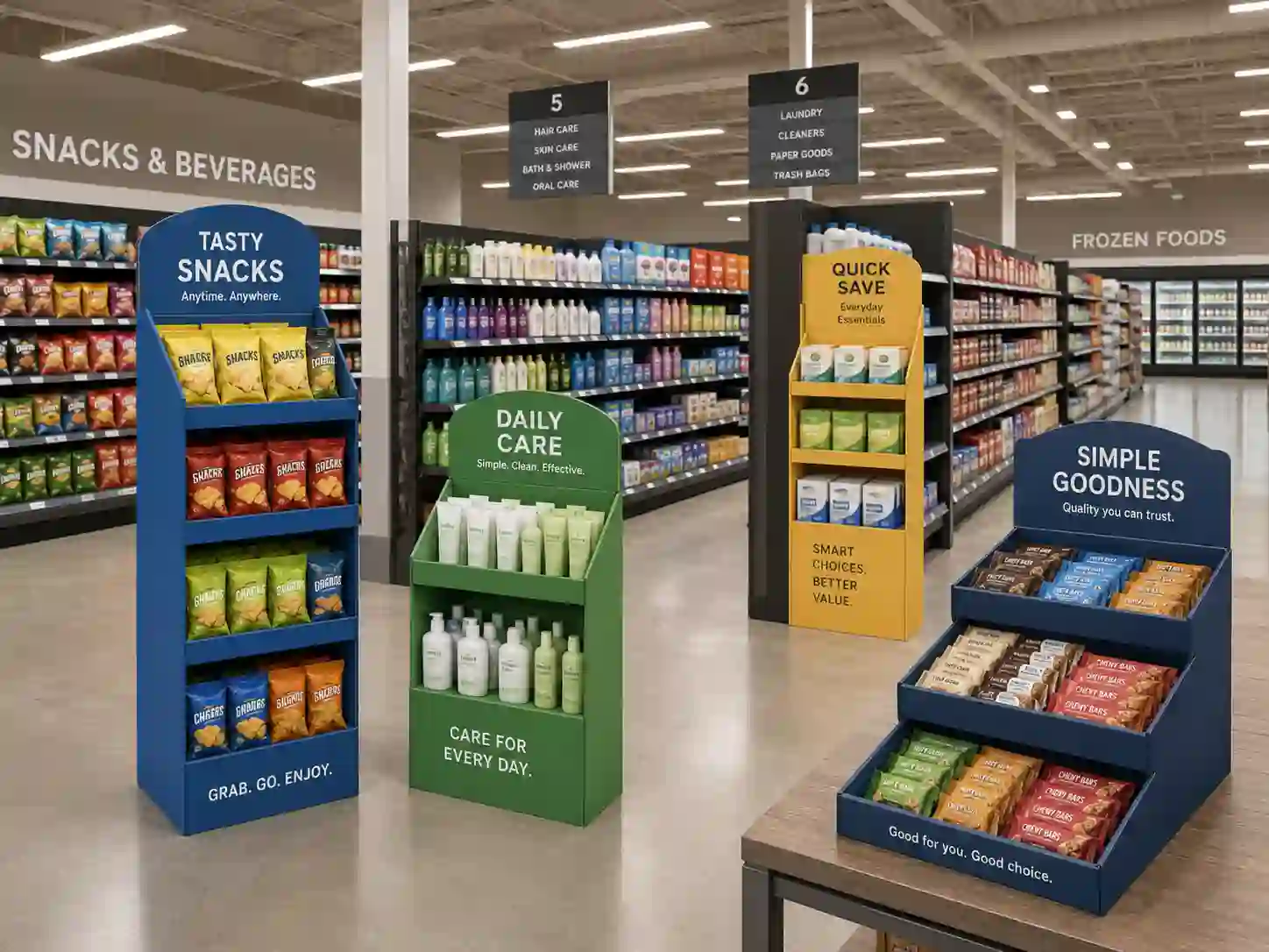 cardboard display for supermarkets in a clean retail aisle with floor displays, PDQ trays, and sidekick displays