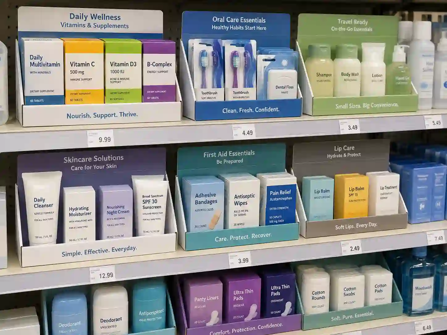 Cardboard display for health and personal care products in a clean pharmacy retail shelf scene