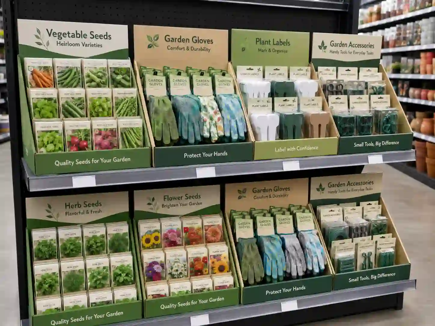 cardboard display for home and garden products in an organized retail shelf scene
