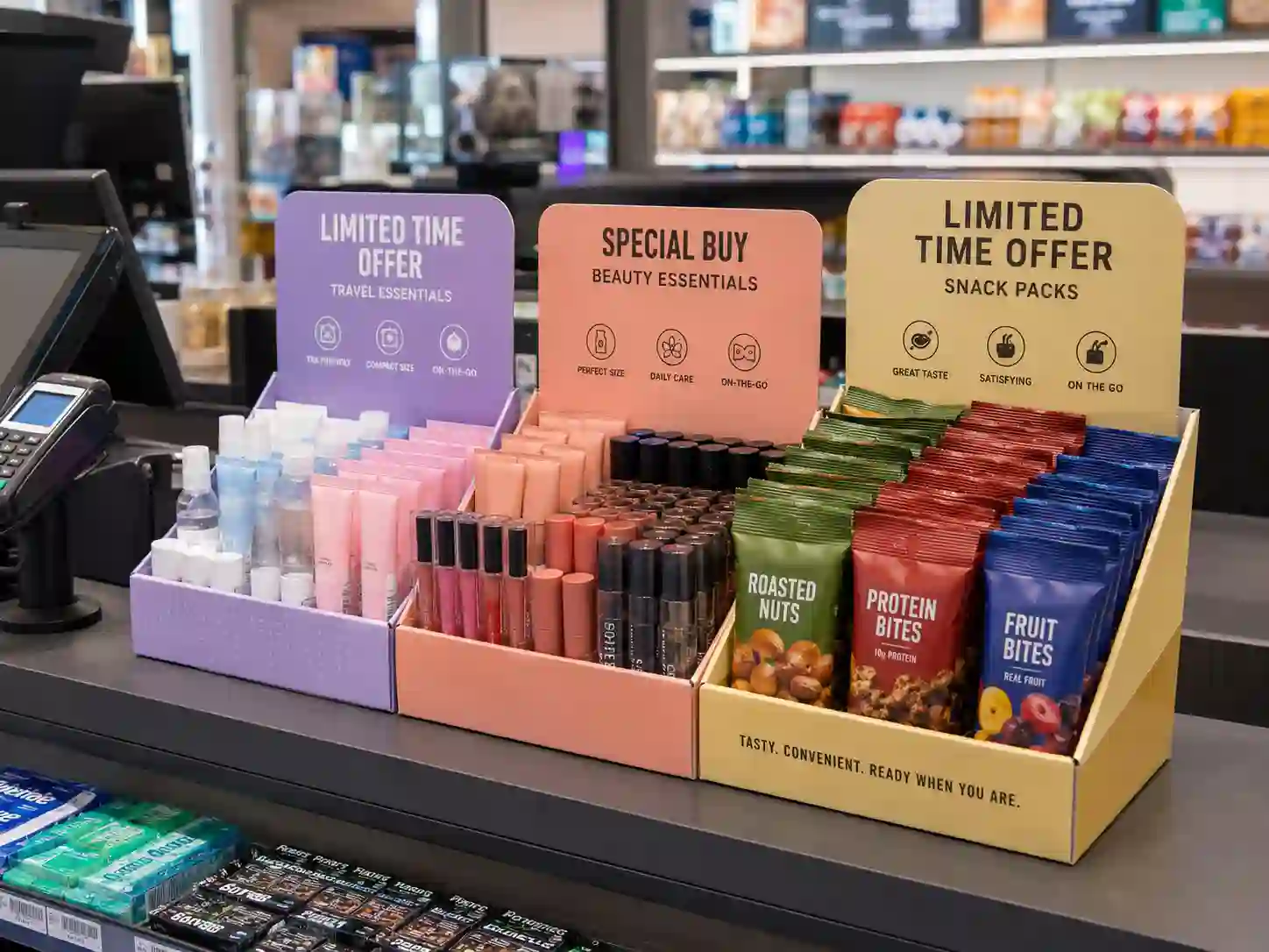 Cardboard display for limited-time promotions with PDQ trays and counter displays near checkout