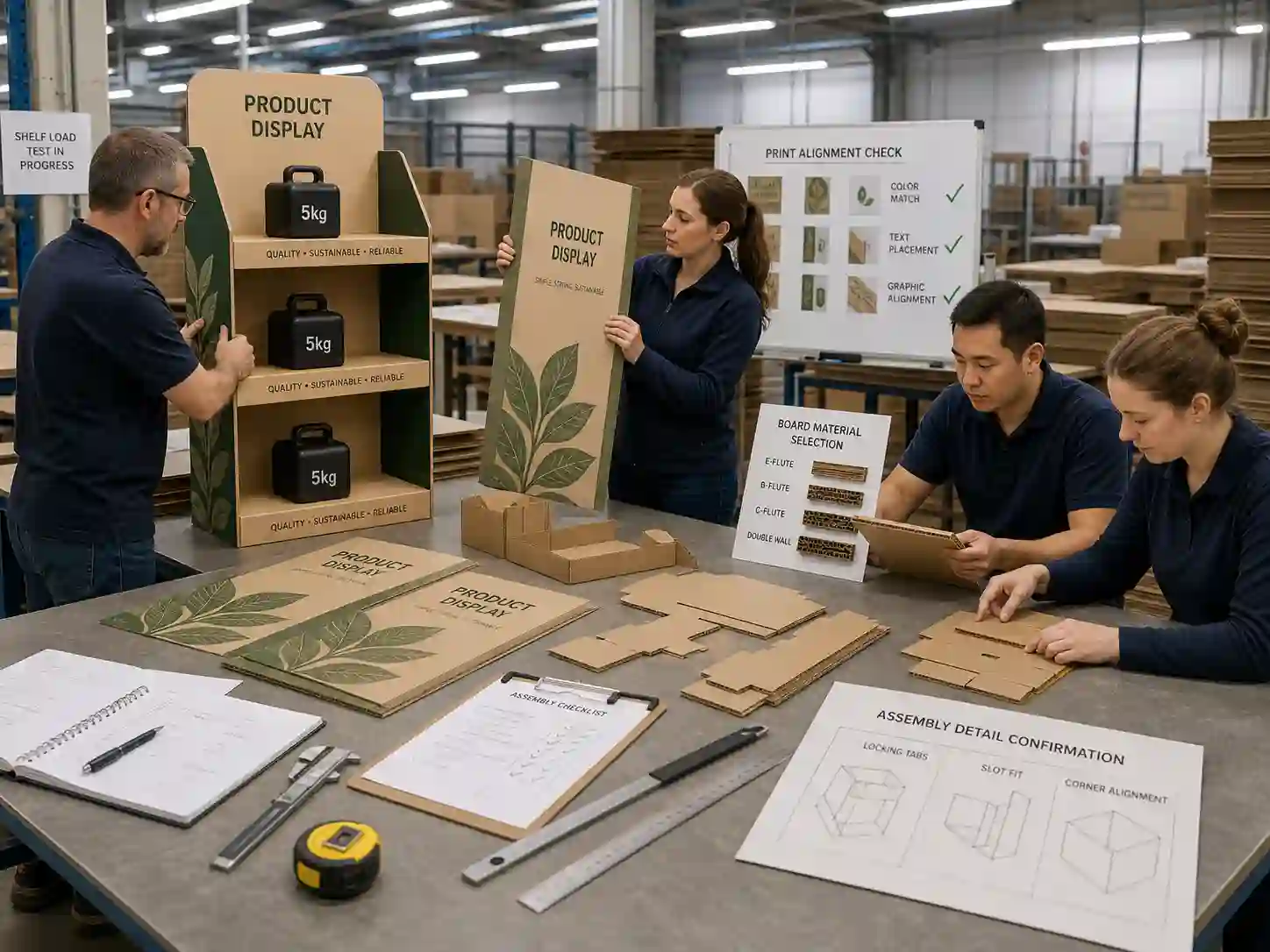 Cardboard display load testing and printed panel inspection