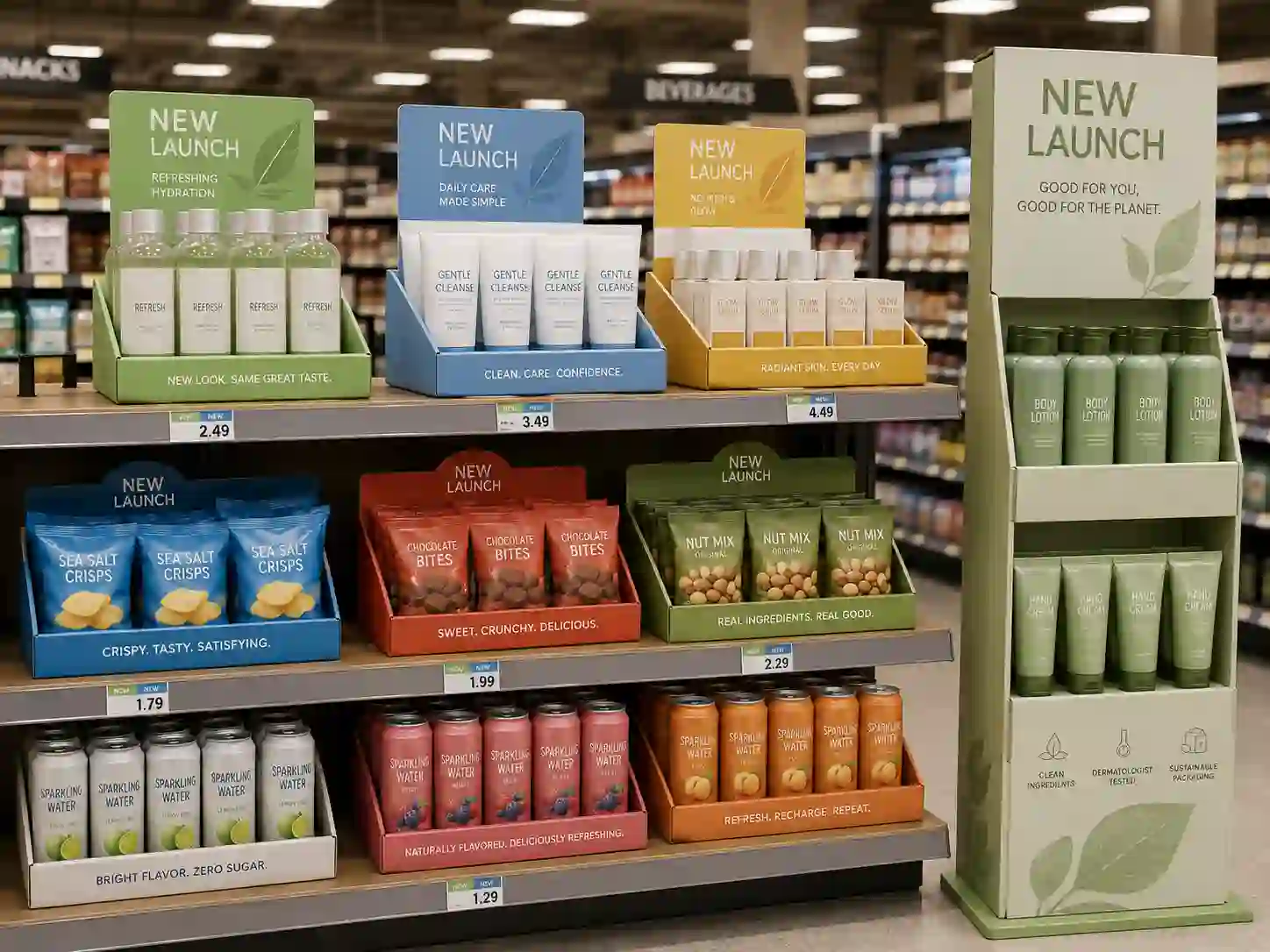 Cardboard display for new product launches in a retail shelf scene with generic products