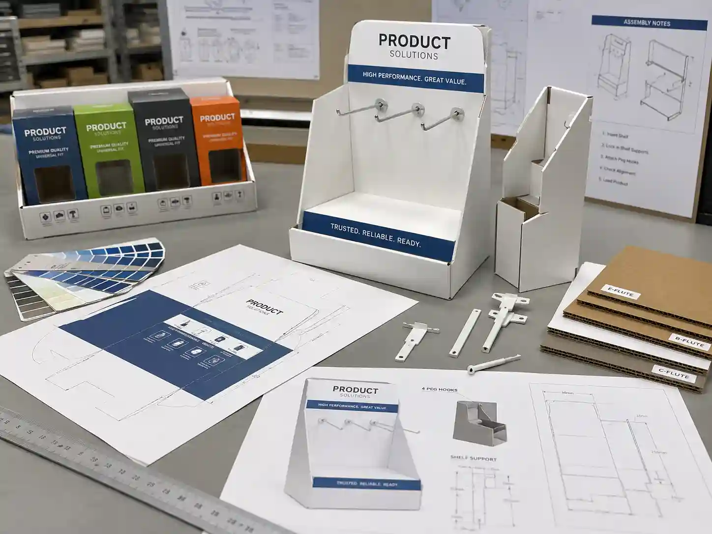 Cardboard display structure planning for new product launches with dielines and sample parts
