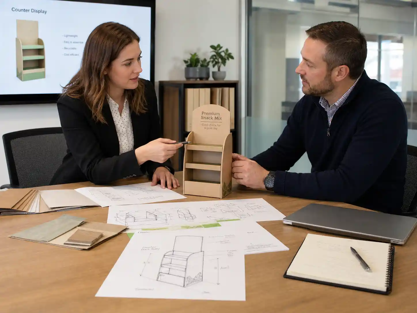 Buyer reviewing cardboard display project details with a supplier