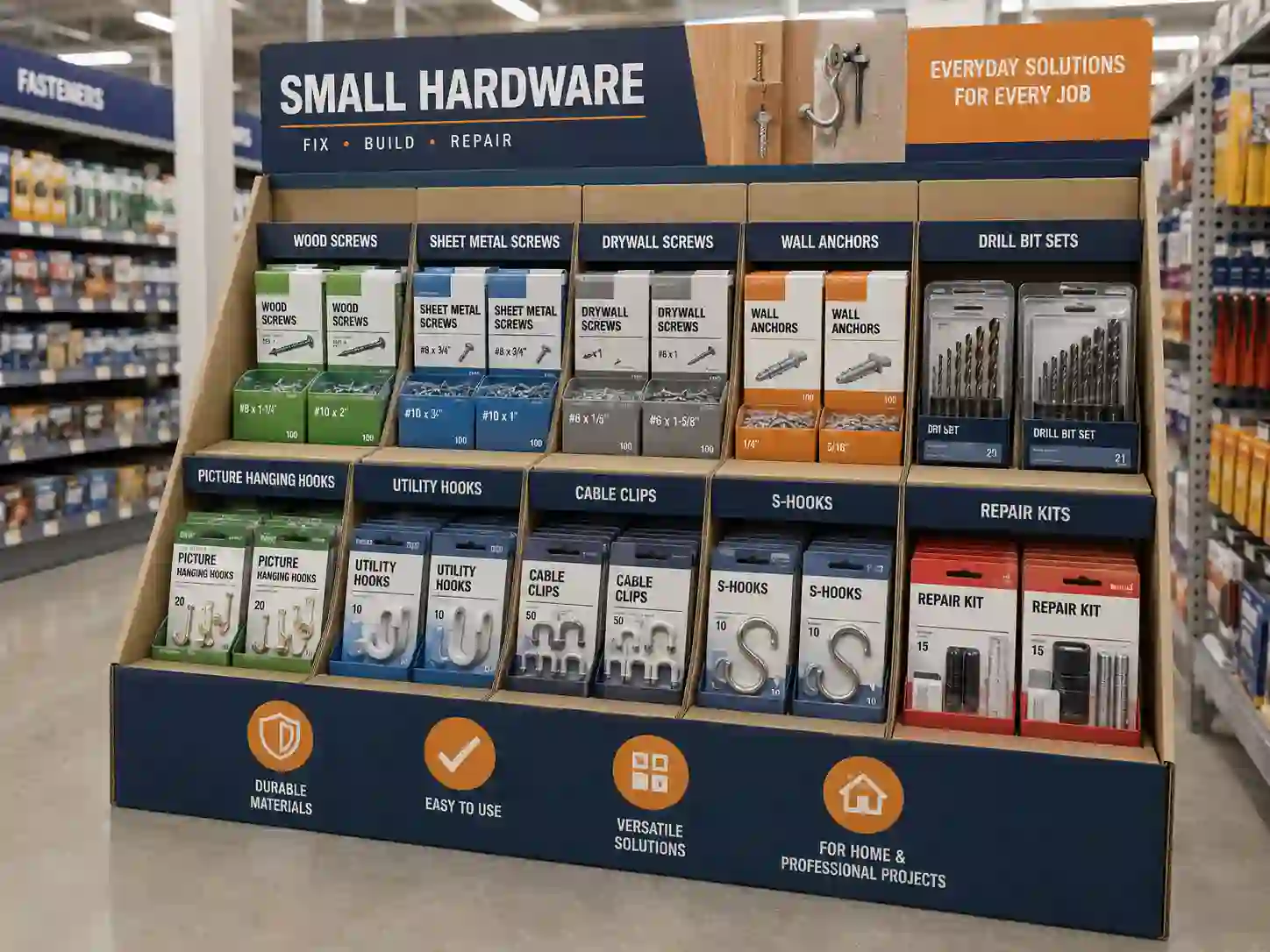 Cardboard display for small hardware products arranged on a retail shelf with PDQ trays and compact hardware packs