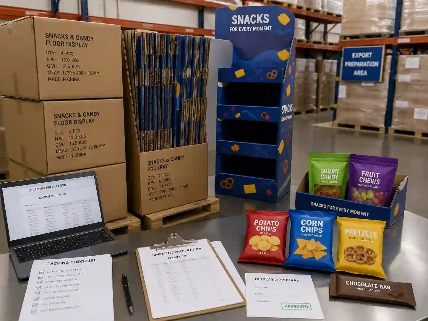 Flat packed cardboard displays for snacks and candy prepared for export packing