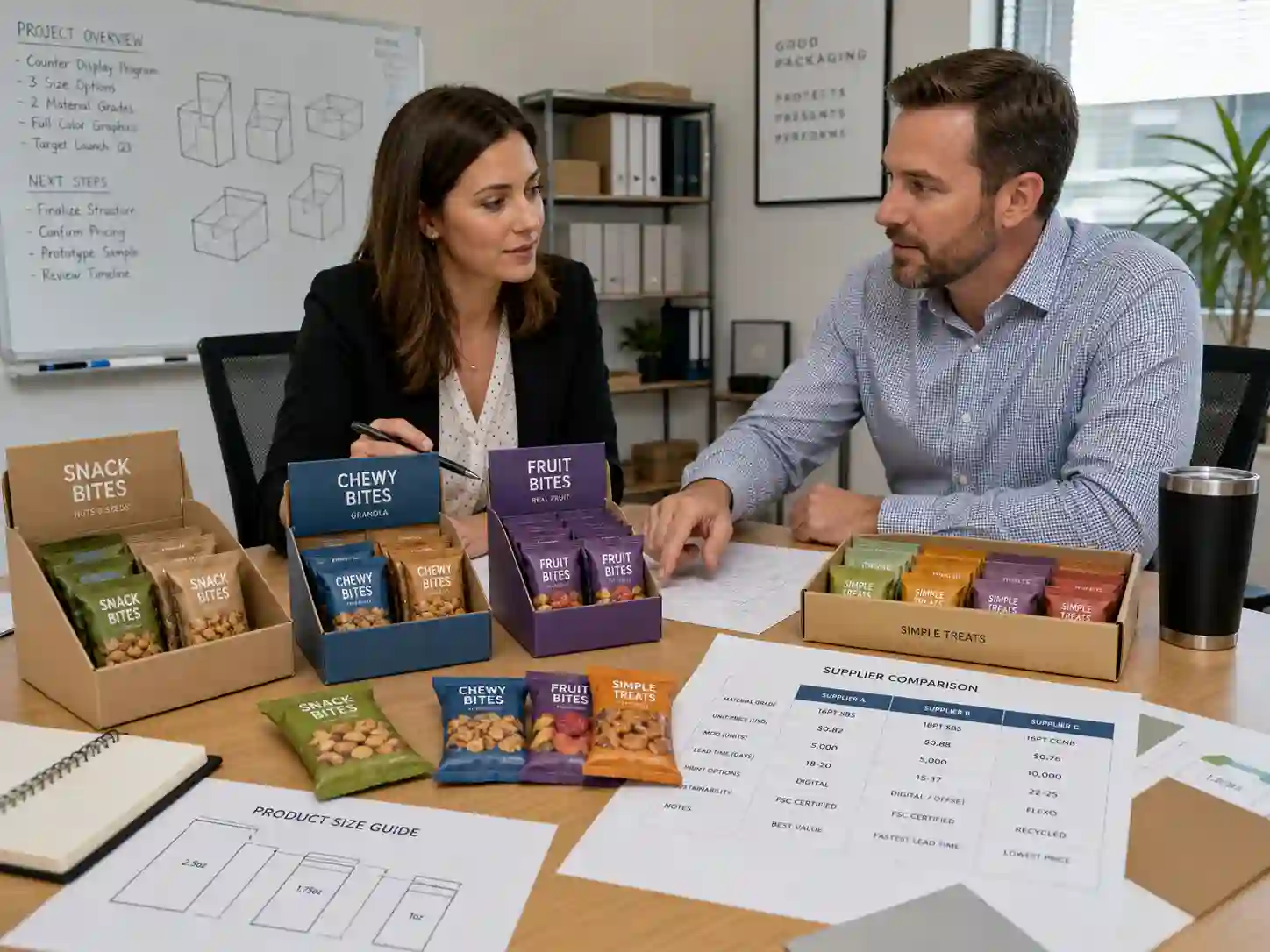 Packaging buyer reviewing cardboard display for snacks and candy structure options