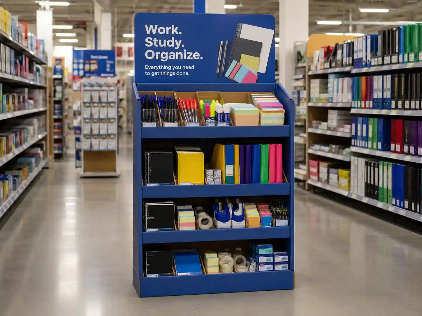 Cardboard display for stationery and office supplies in a retail aisle