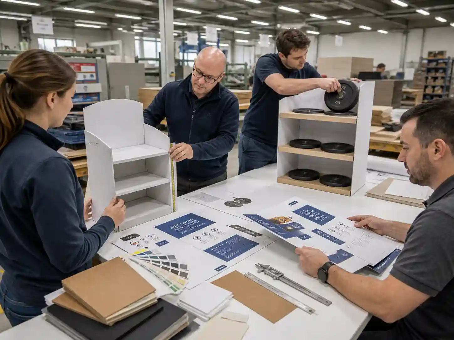 Factory team checking cardboard display structure and materials