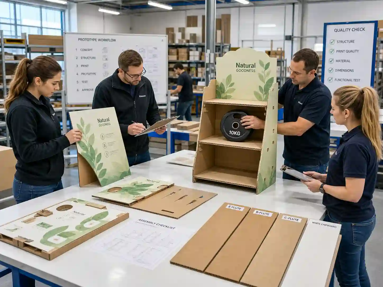 Factory team checking cardboard display structure and shelf strength