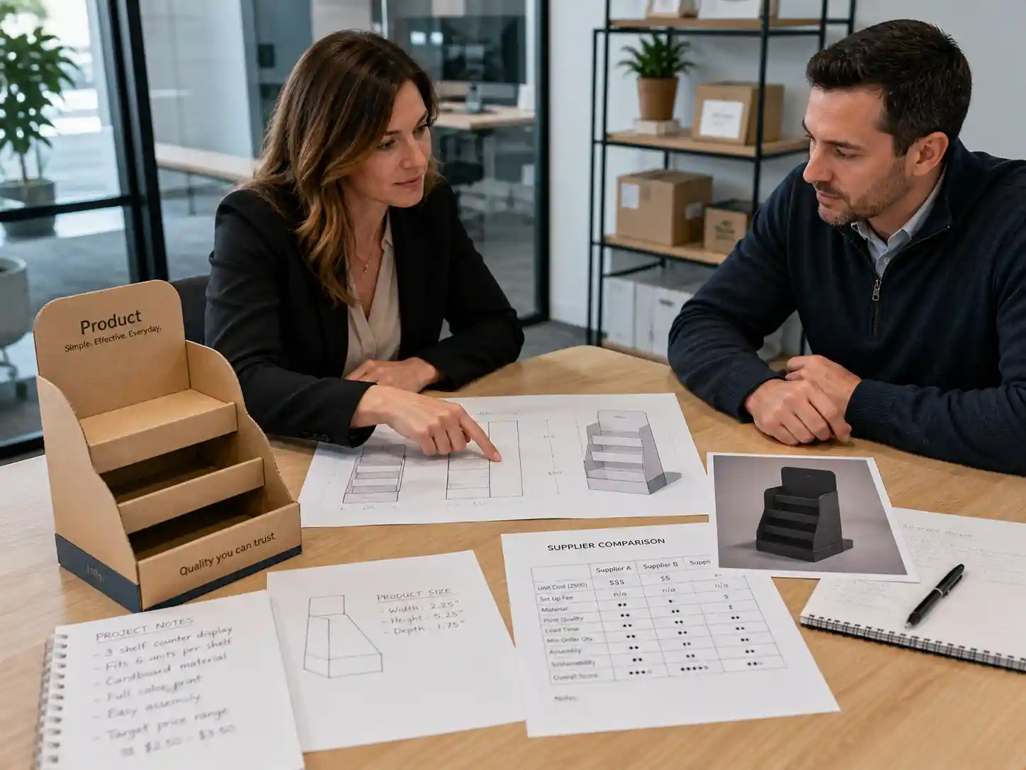 Buyer reviewing cardboard display structure options with supplier samples