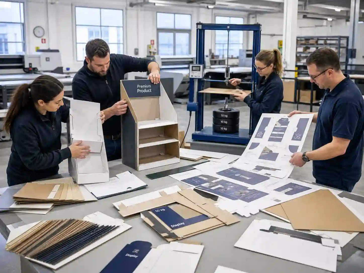 Factory team testing cardboard display structure and shelf strength