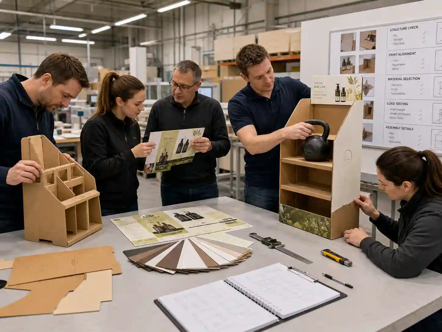 Factory team checking cardboard display structure and printing quality