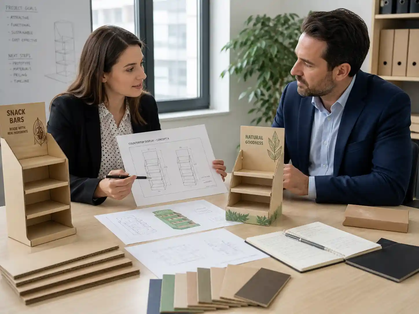 B2B buyers reviewing a custom cardboard display project
