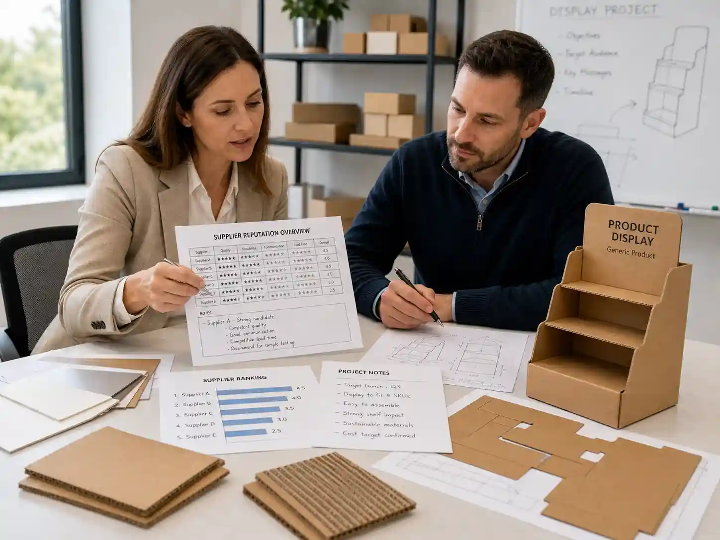 Buyer reviewing cardboard display supplier ranking and sample options