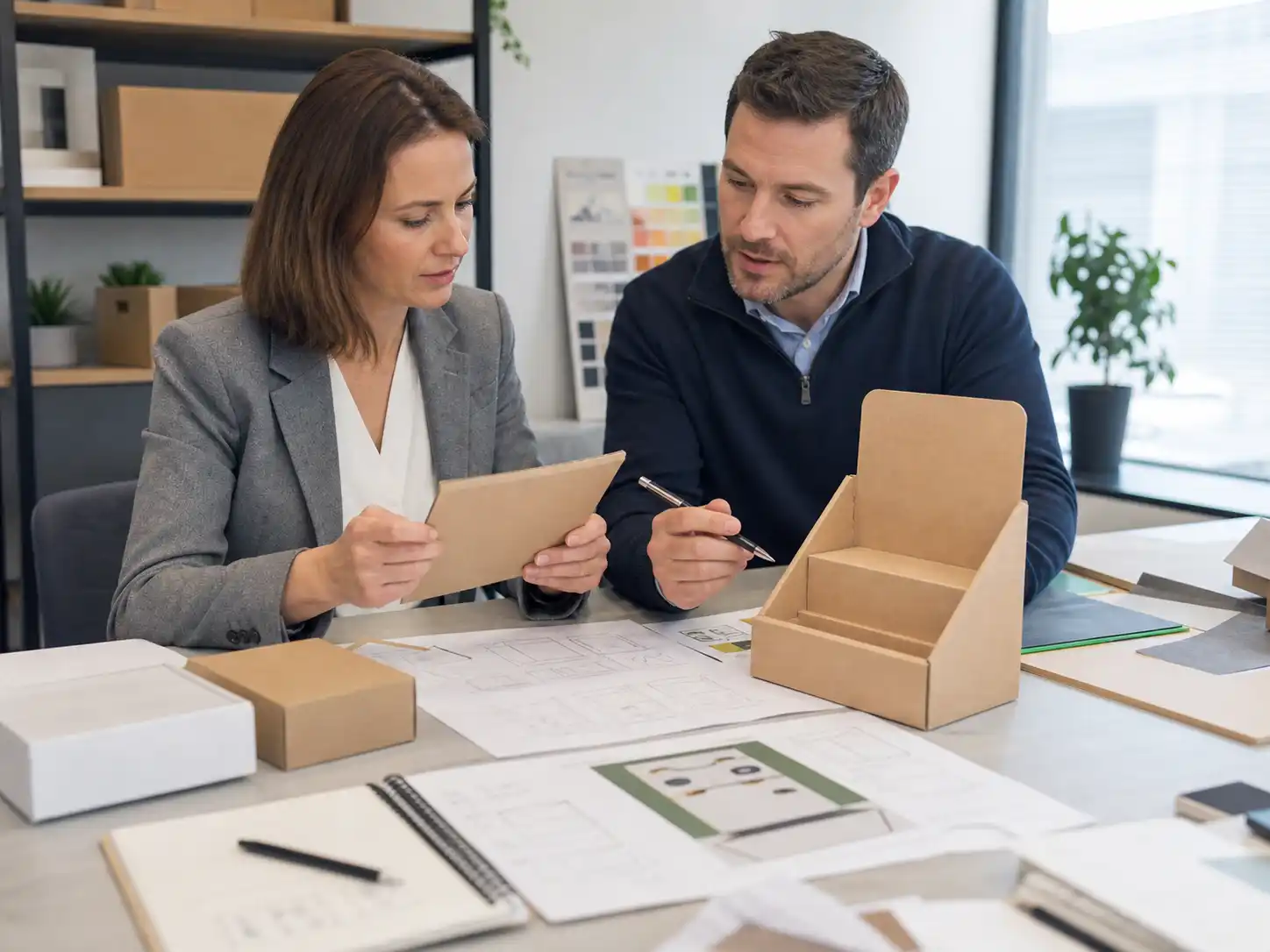 Buyer reviewing cardboard display samples with supplier at office table