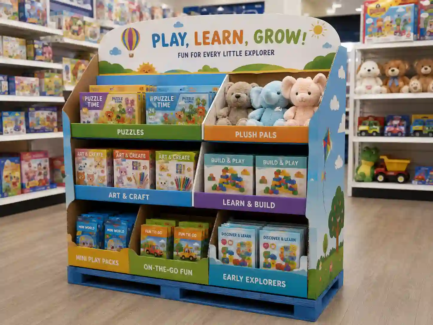 cardboard display for toys and kids products in a retail toy aisle