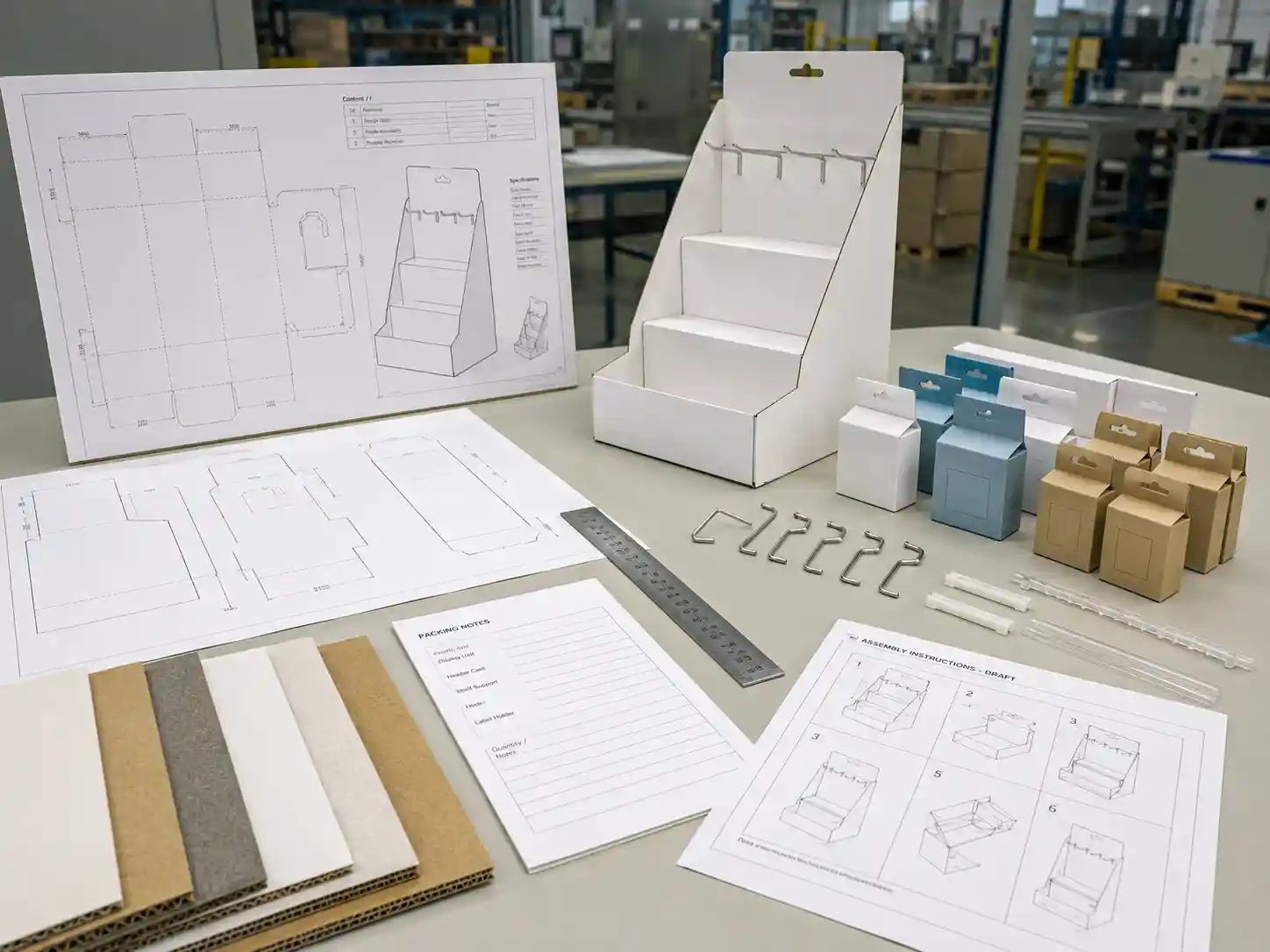 Planning table for checkout cardboard display structure with samples, dielines, and material swatches
