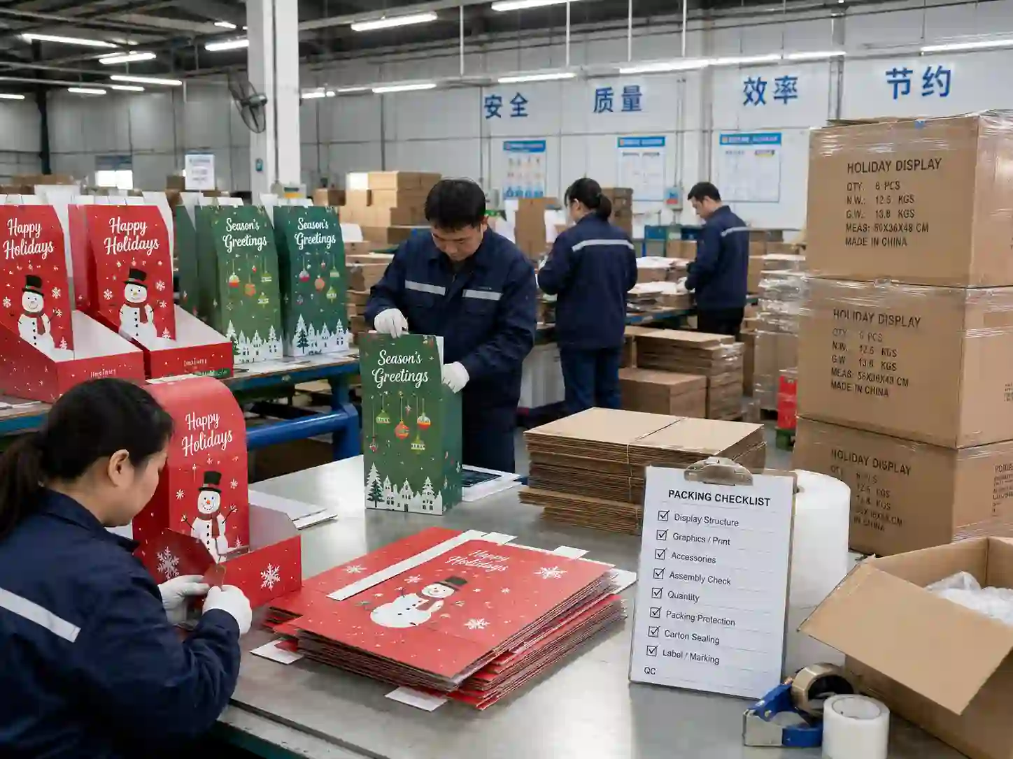 custom cardboard display for holiday promotions being checked and packed for export