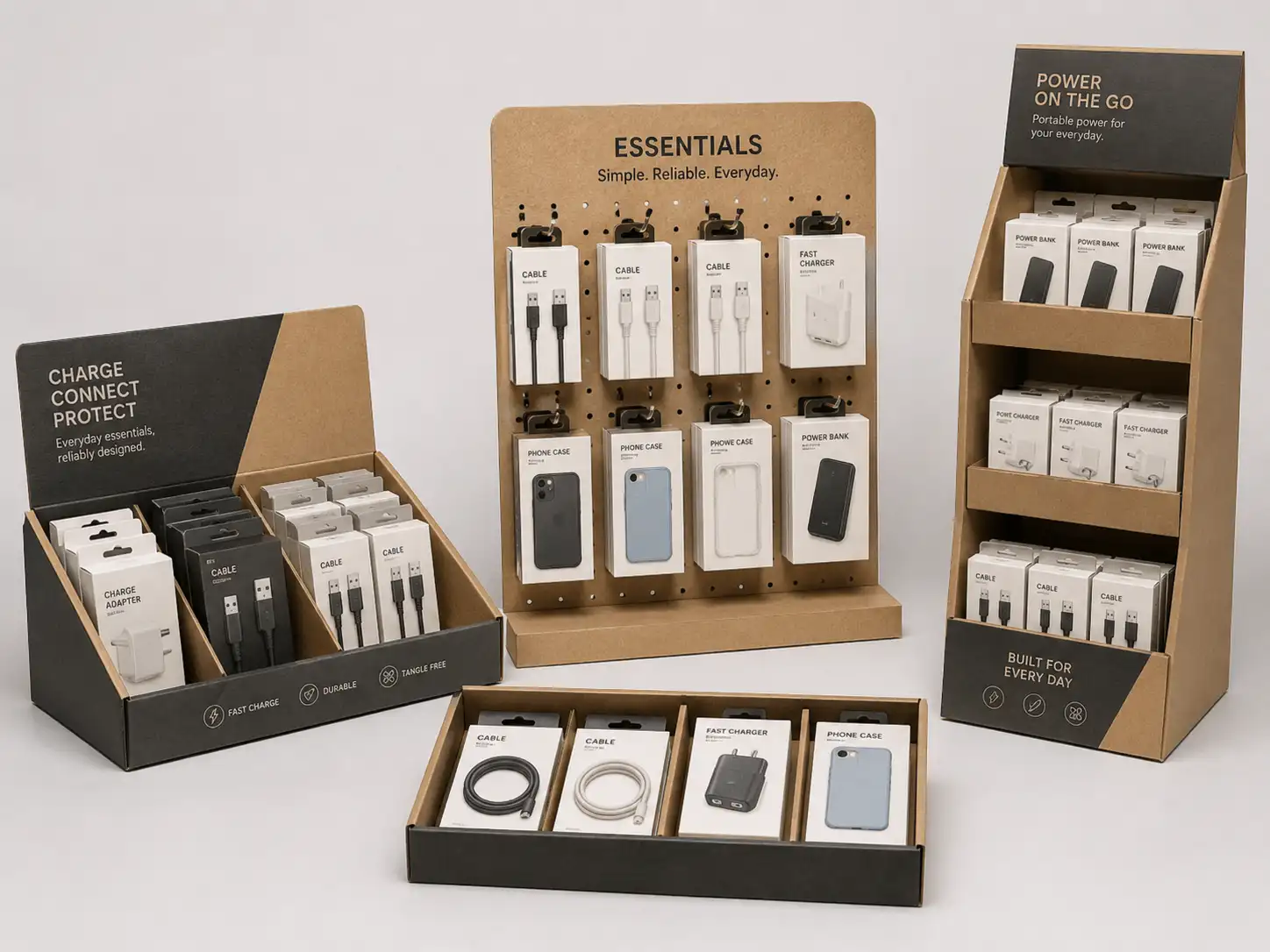 Custom cardboard display samples for electronics accessories including peg display, PDQ tray, and counter tray