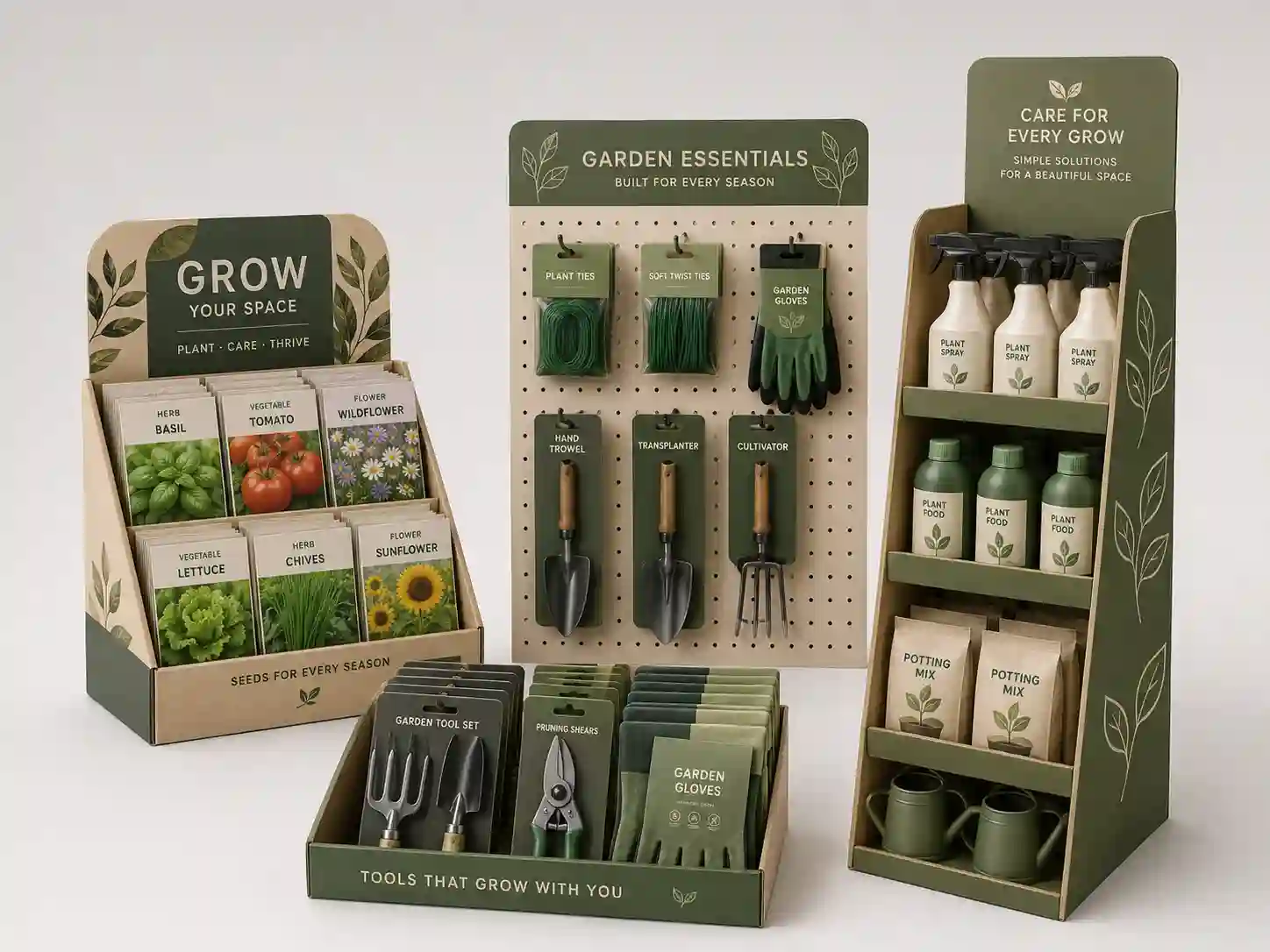 custom cardboard display samples for home and garden products in a studio shot