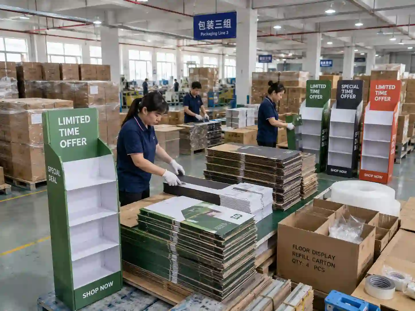Chinese factory workers preparing custom cardboard floor displays for limited-time promotions