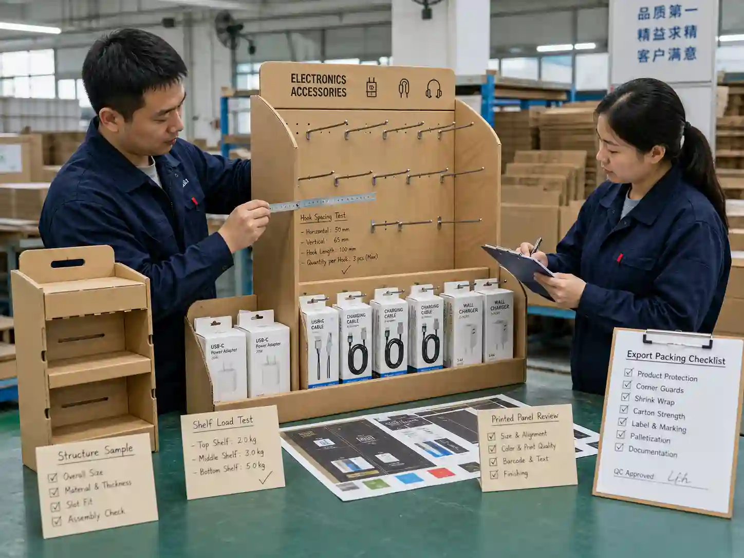 Chinese workers testing a cardboard peg display for electronics accessories in a factory workshop