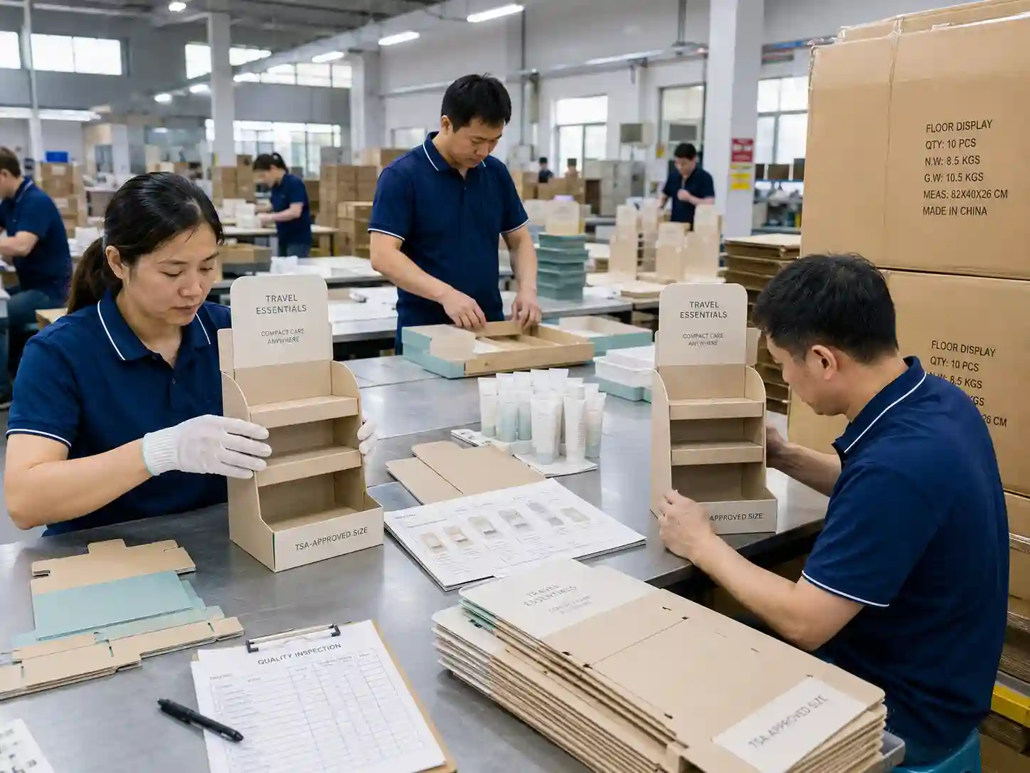 Factory assembly check for cardboard display for travel-size products