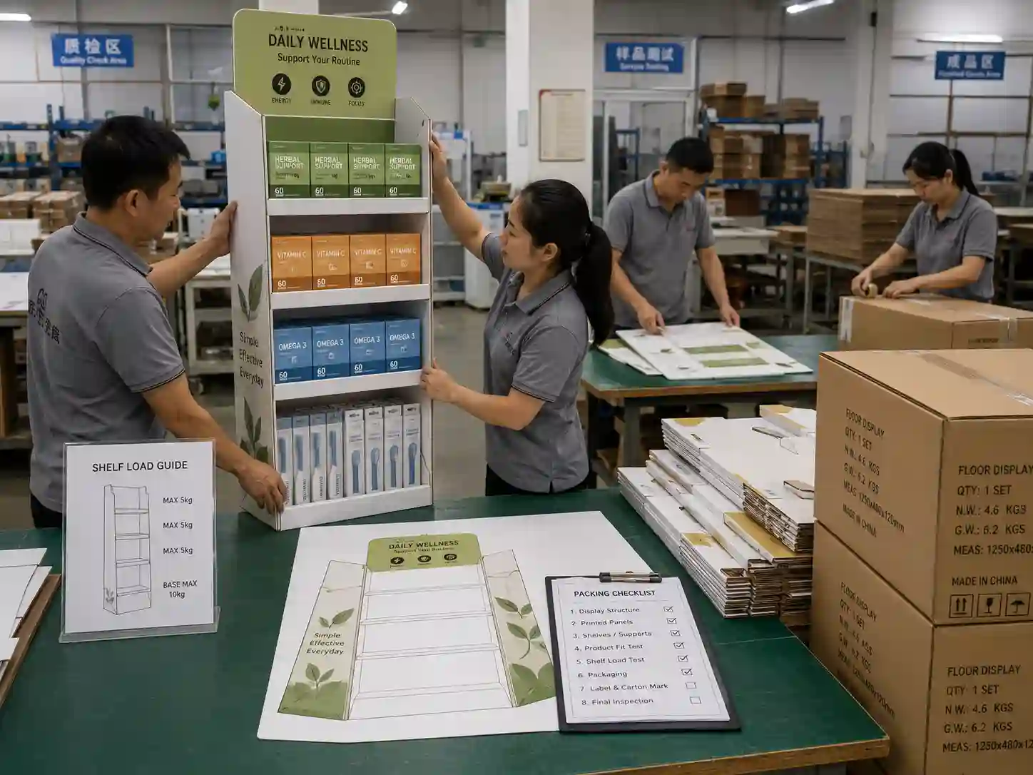 Factory testing and export packing for a cardboard display for health and personal care products