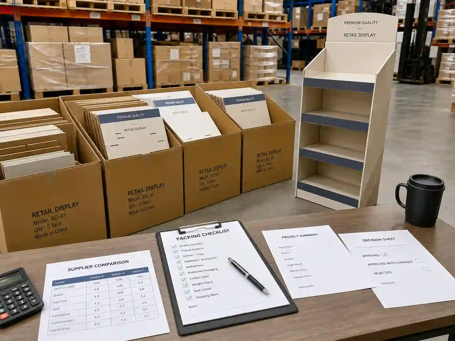 Finished cardboard display reviewed with export cartons before shipment