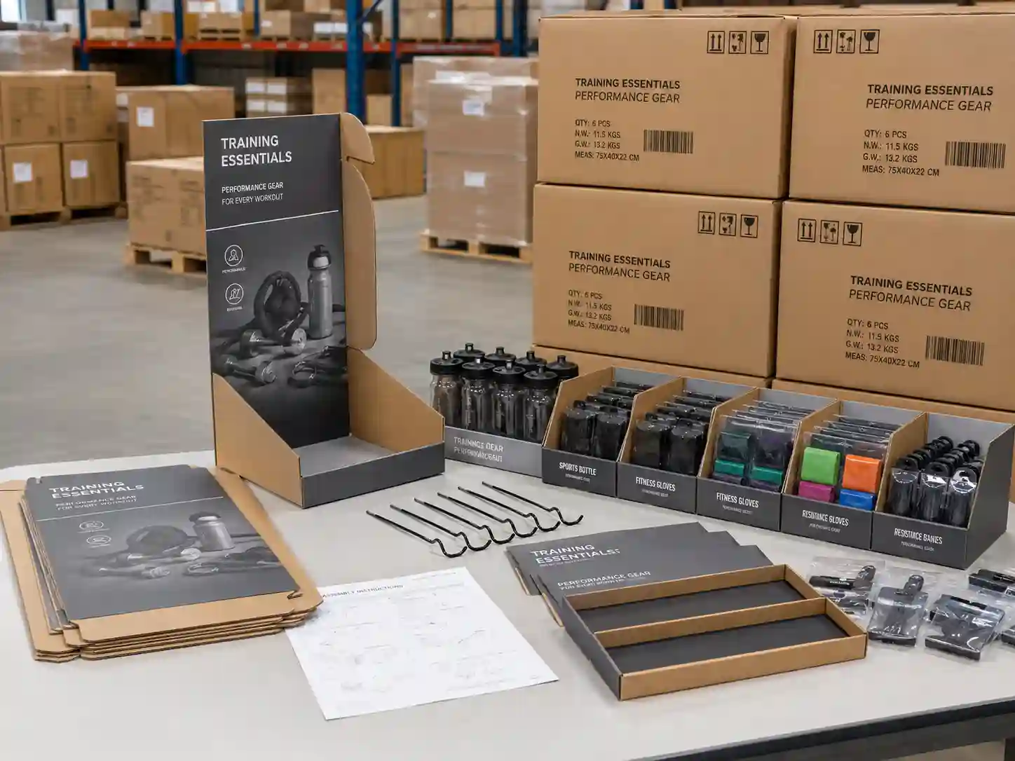 Flat-packed cardboard display for sporting goods prepared with refill cartons and export packing in a warehouse