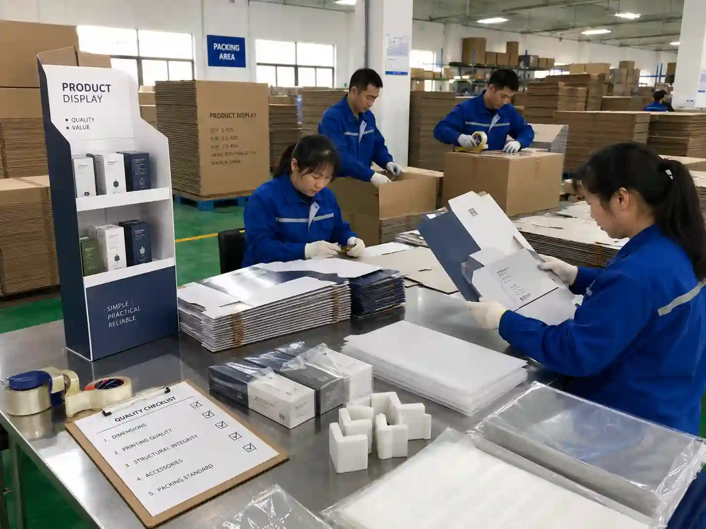 Chinese factory workers checking and packing flat-packed checkout cardboard displays for export