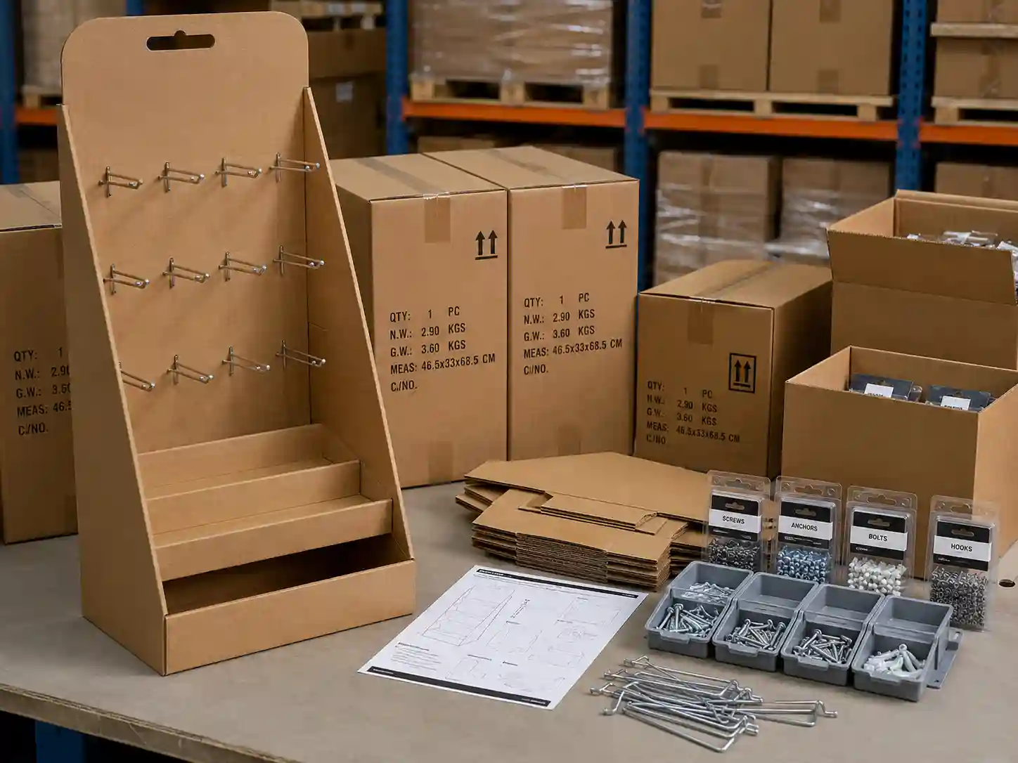 Floor cardboard display for small hardware products prepared with refill cartons and export packing materials