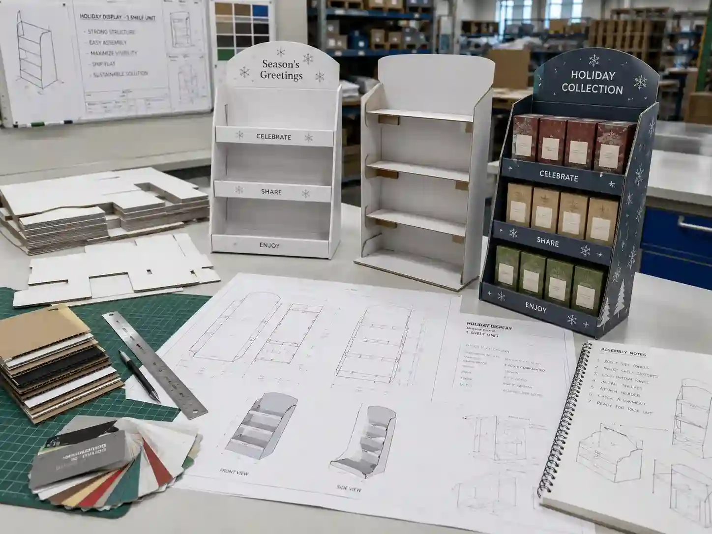 holiday cardboard display structure planning table with samples and dielines
