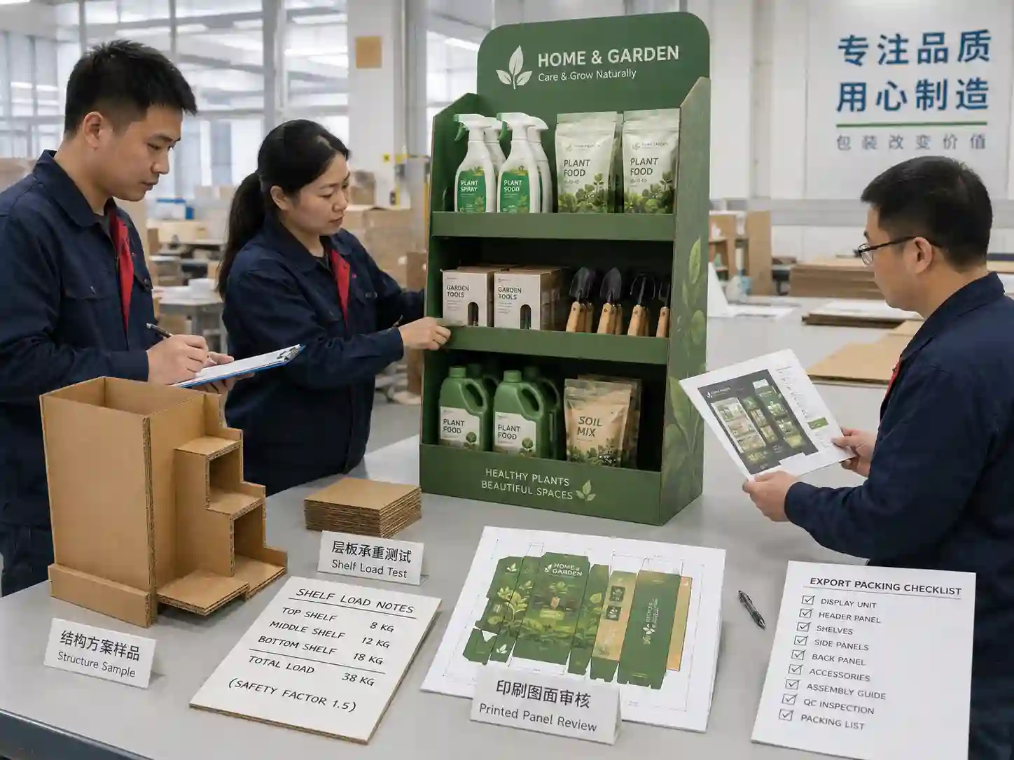 factory testing custom cardboard floor display for home and garden products
