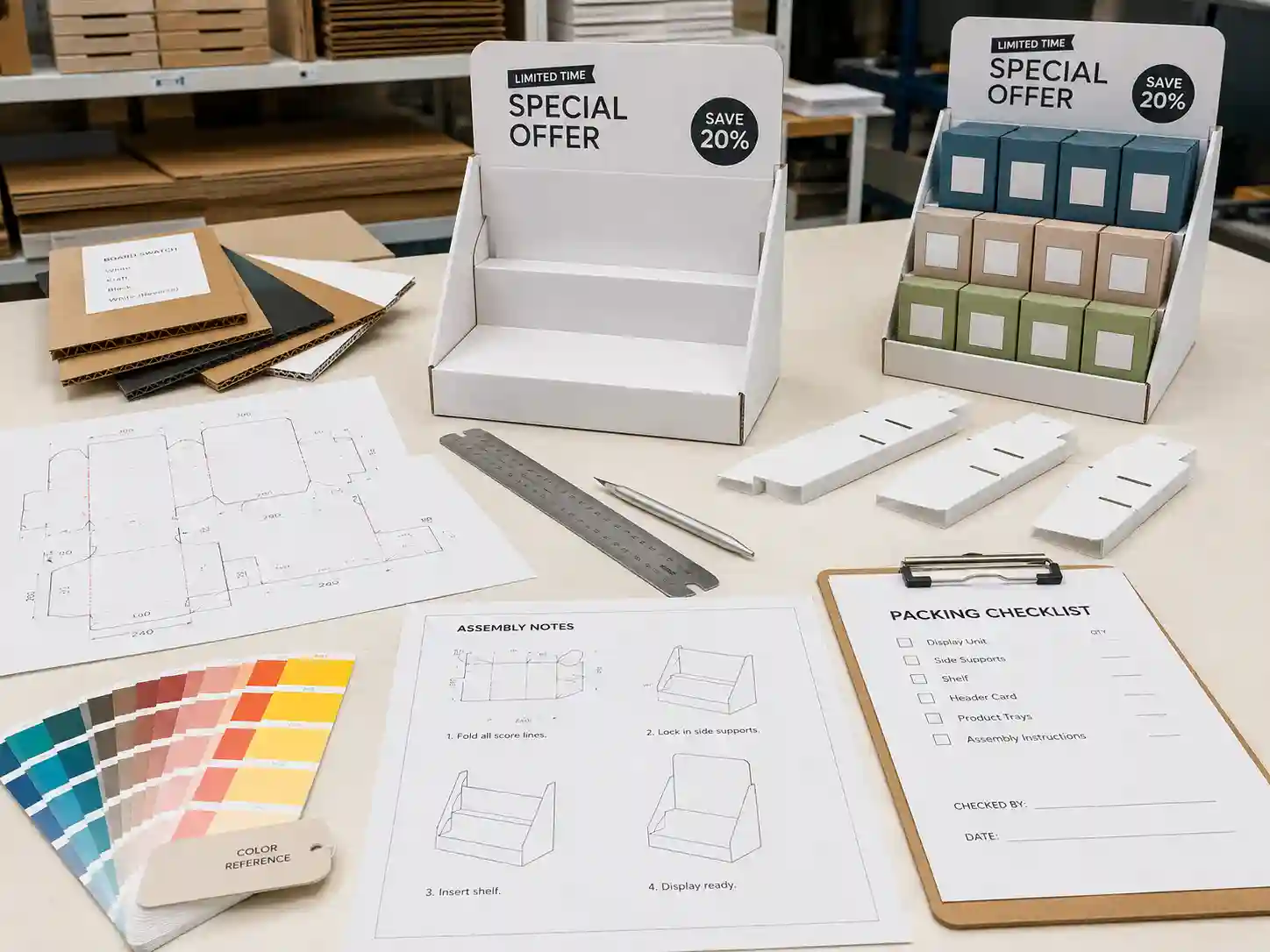 Factory planning table for limited-time promotion cardboard display structure and sampling