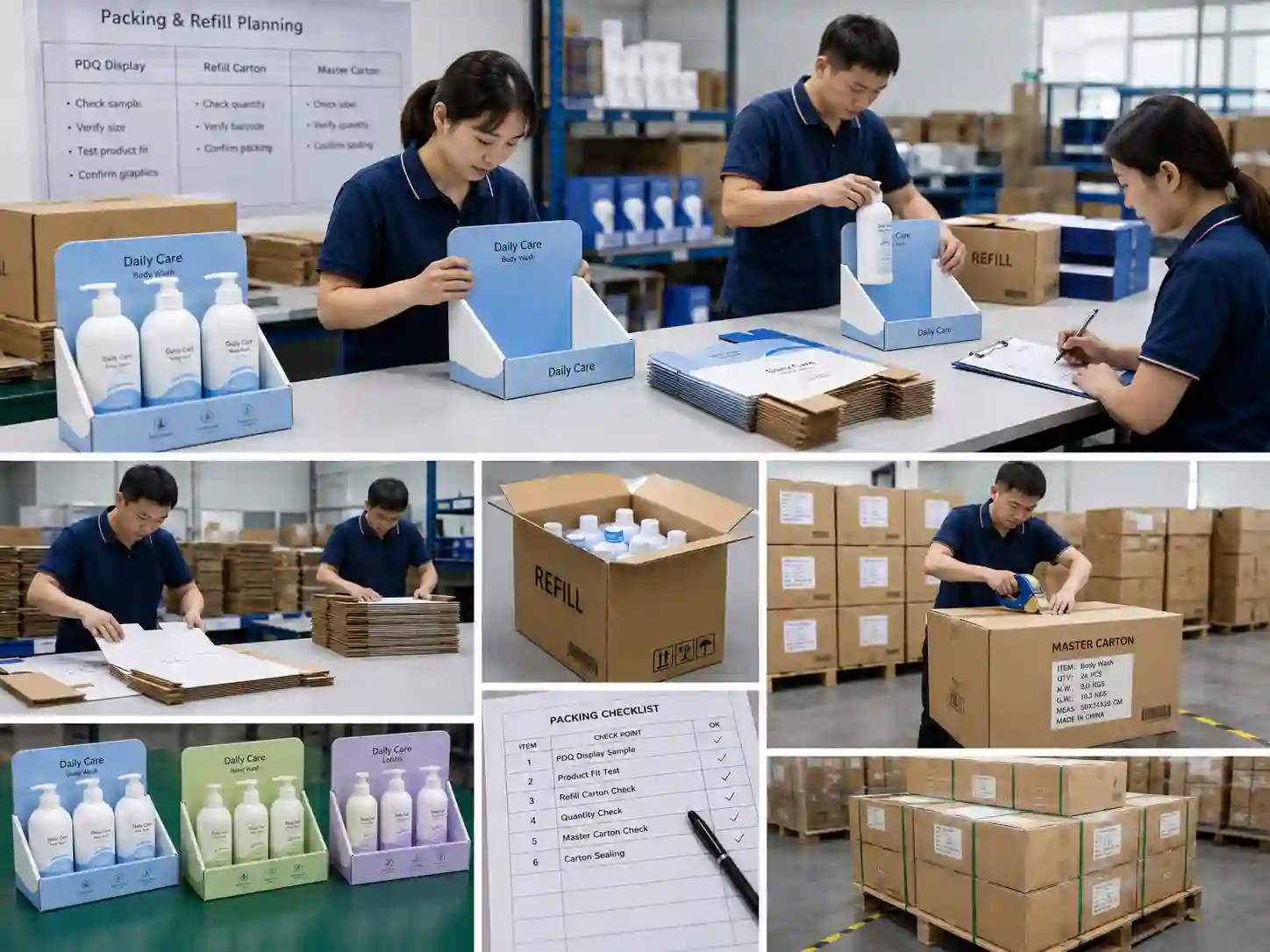 PDQ display factory packing and refill planning for export orders