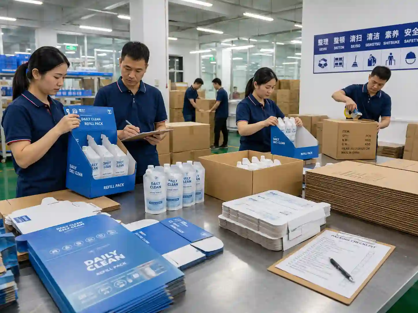 Chinese factory team testing PDQ display refill cartons and export packing before bulk production