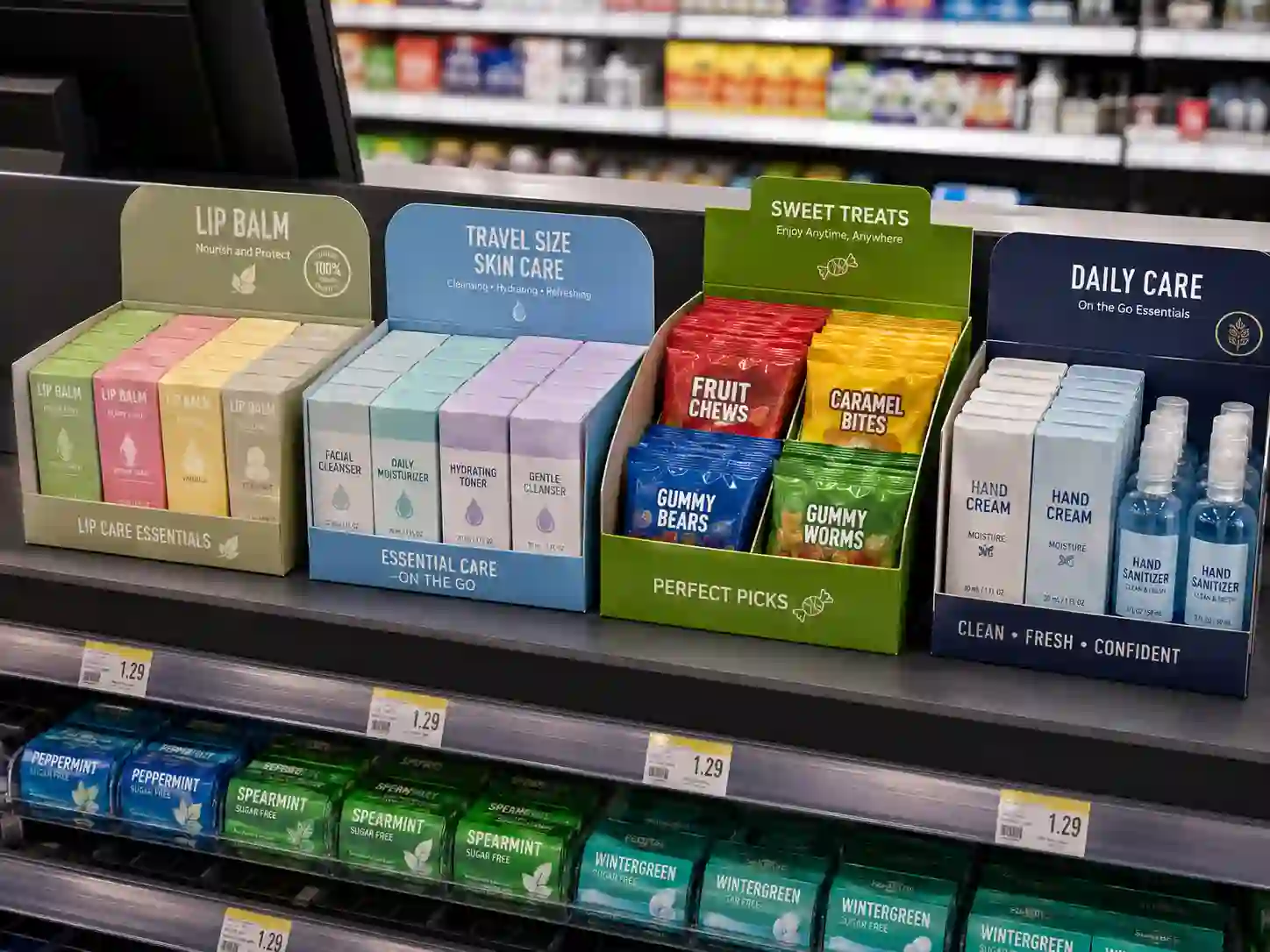 PDQ display for small checkout products in a retail shelf scene