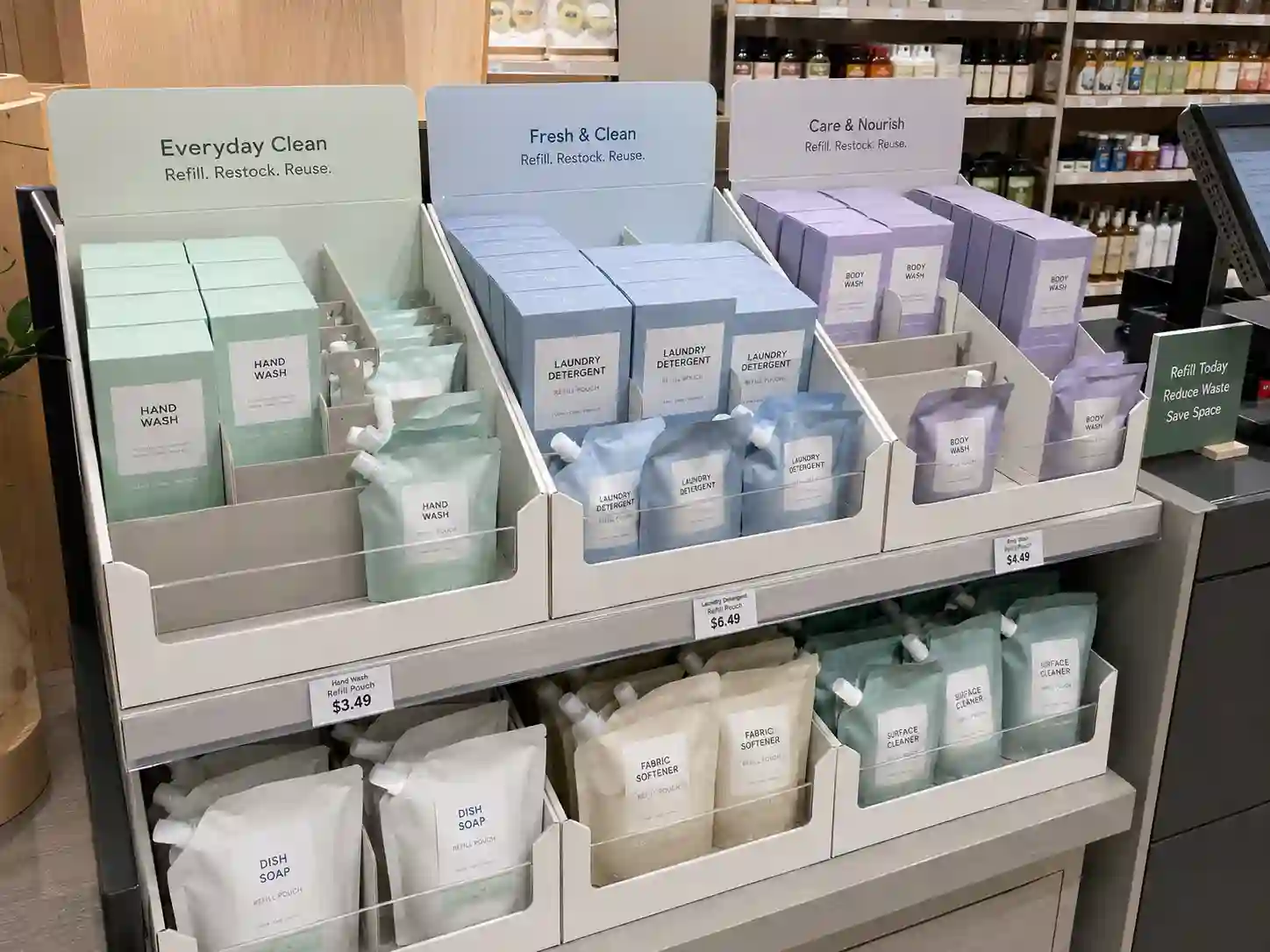 PDQ display on a retail shelf with refill-friendly dividers and clear product facing