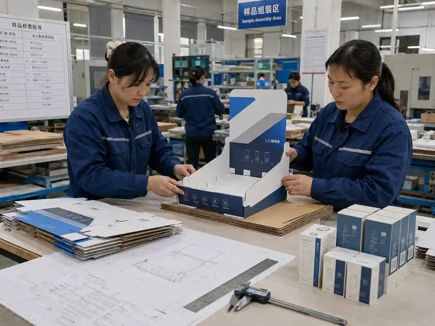 Chinese factory team testing PDQ display sample assembly before mass production