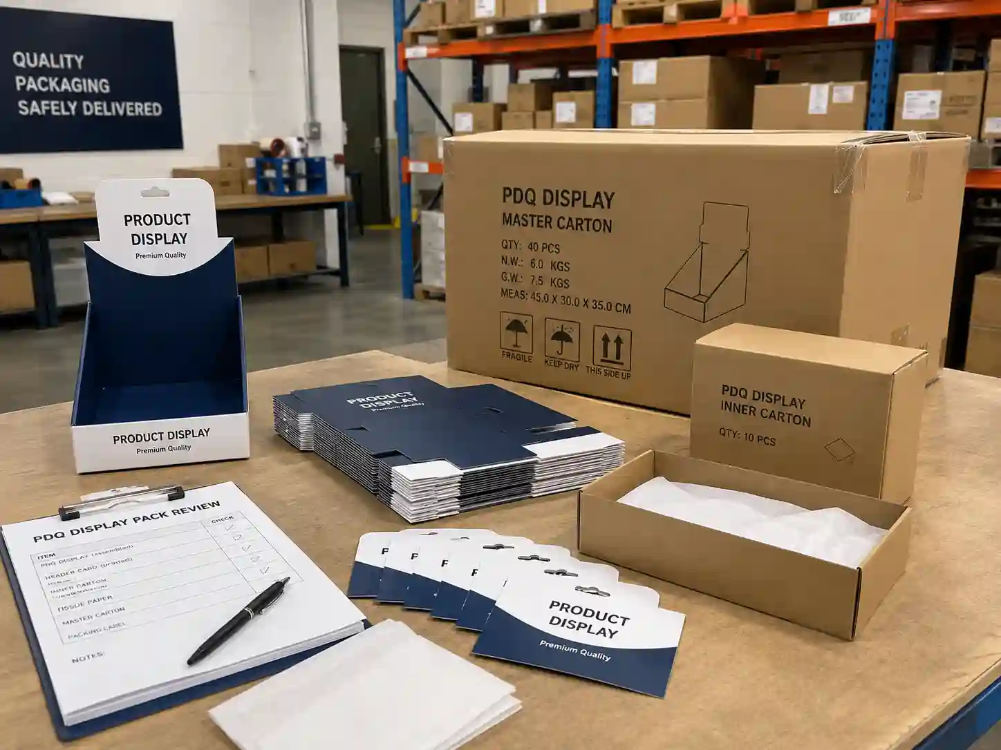 Flat-packed PDQ display samples and export cartons reviewed before bulk production