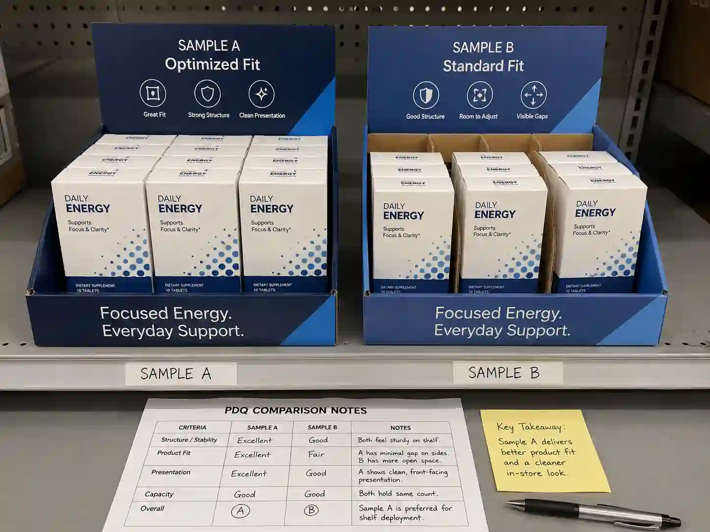PDQ display samples compared on a retail shelf for product fit and front-facing presentation