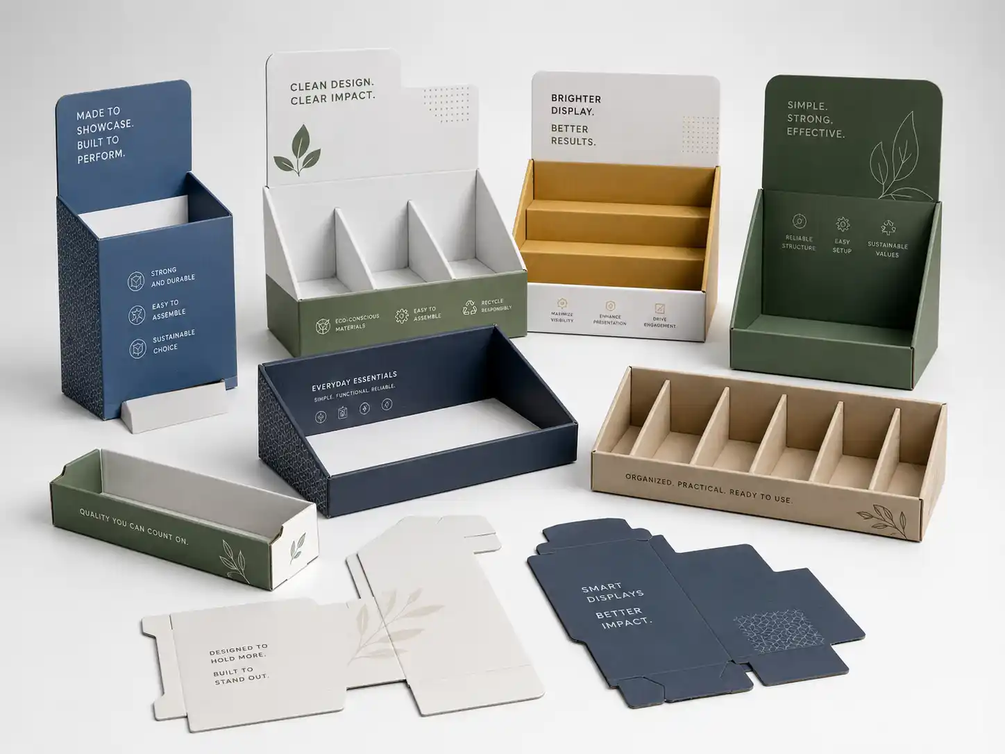 Product-only PDQ display structures showing dividers, front lips, trays, and flat-pack parts