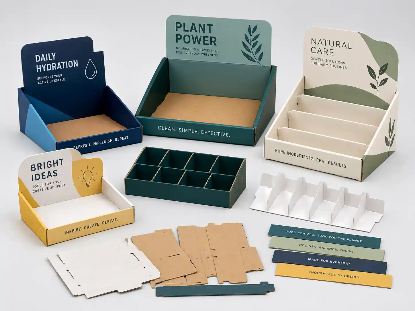 PDQ display structure options with trays dividers and flat-pack parts