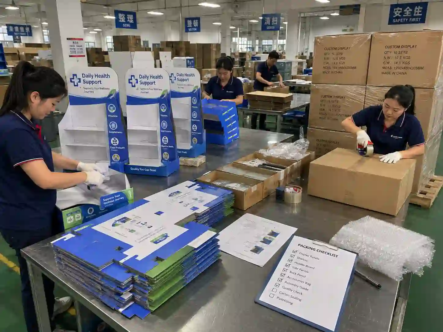 Chinese factory workers assembling and flat-packing custom cardboard displays for pharmacy promotions