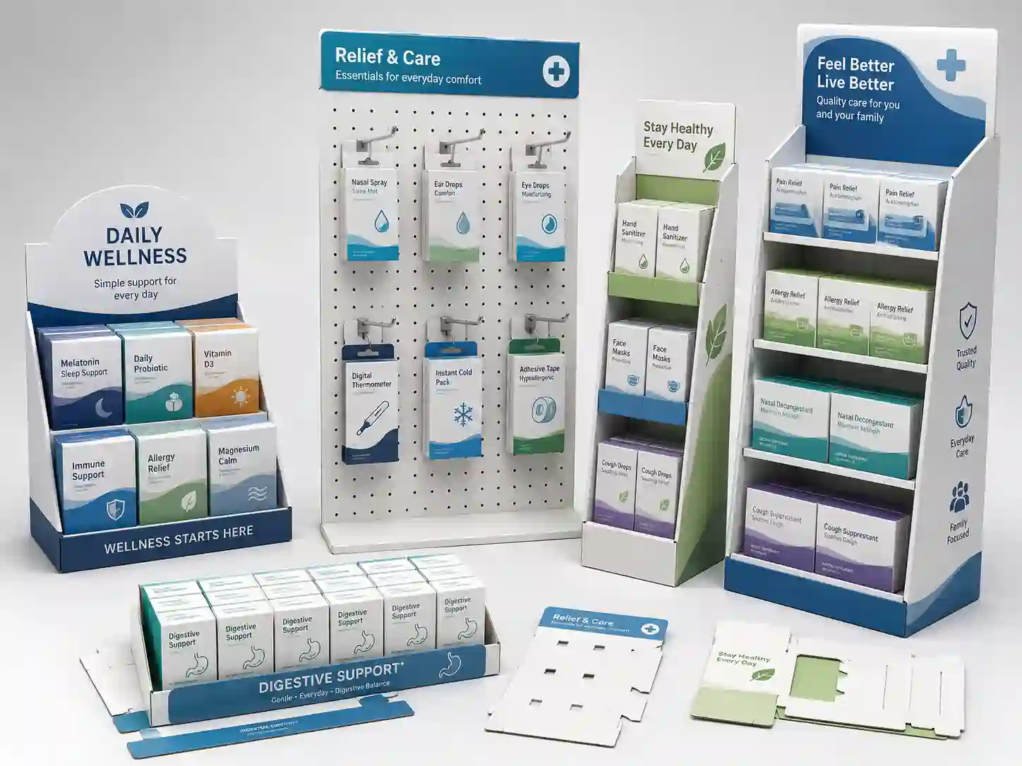 Product-only studio shot of pharmacy cardboard display structures with trays hooks and shelves