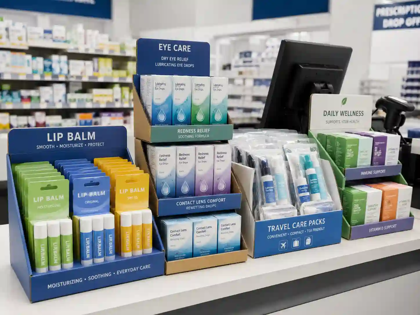 Cardboard display for pharmacies and drugstores with counter displays and PDQ trays near checkout
